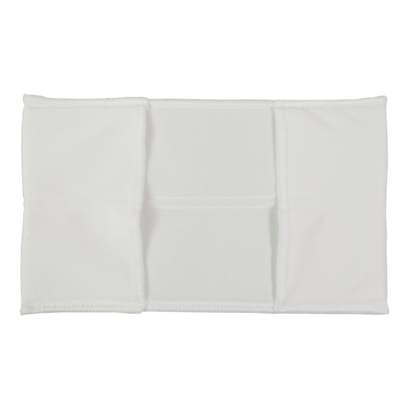White adhesive fabric bandage patch with three connected square sections laid flat.