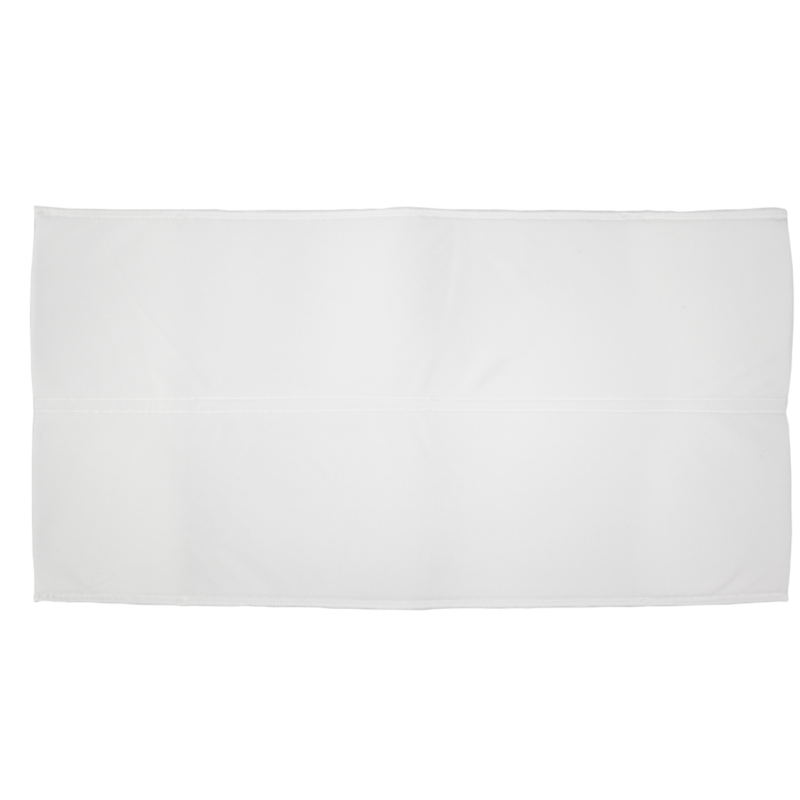 Plain white rectangular cloth face mask laid flat, showing center seam and stitched edges
