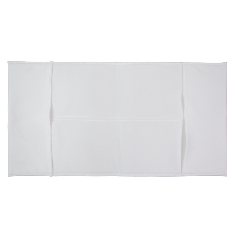 White cloth face mask laid flat with central seams and visible stitching lines.
