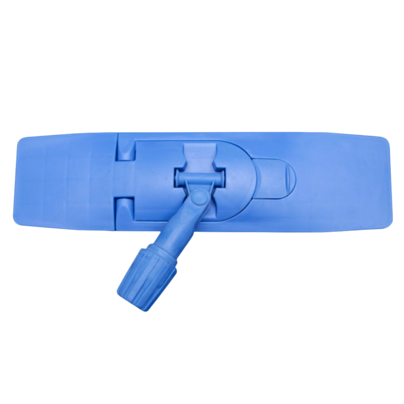 Blue rectangular flat mop head with a hinged joint and attached handle for cleaning floors