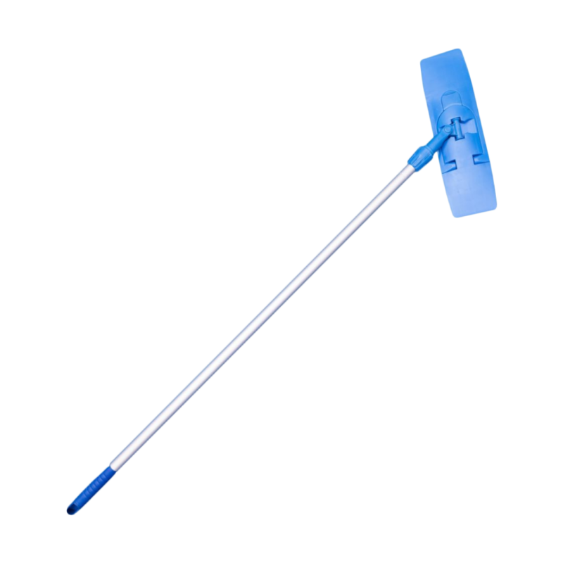 Blue flat mop head attached to a long silver cleaning pole for floor cleaning, angled as if in use