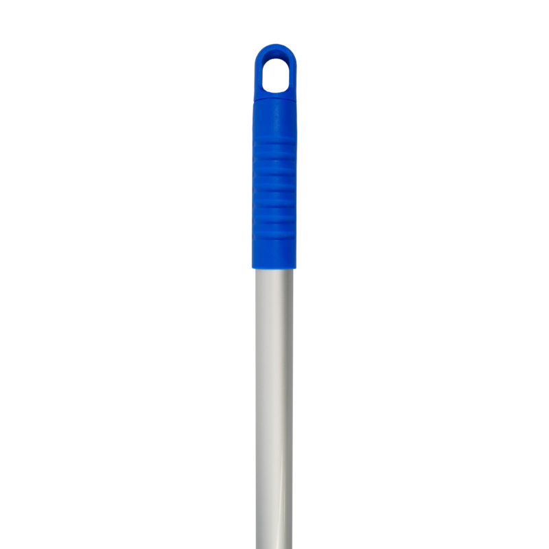 Blue ergonomic grip on a vertical mop handle with a looped end (silver shaft against black background).