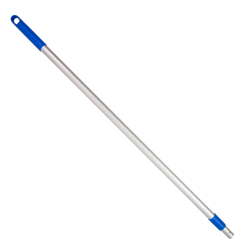Long silver metal rod with blue plastic handles on both ends diagonally across a black background.