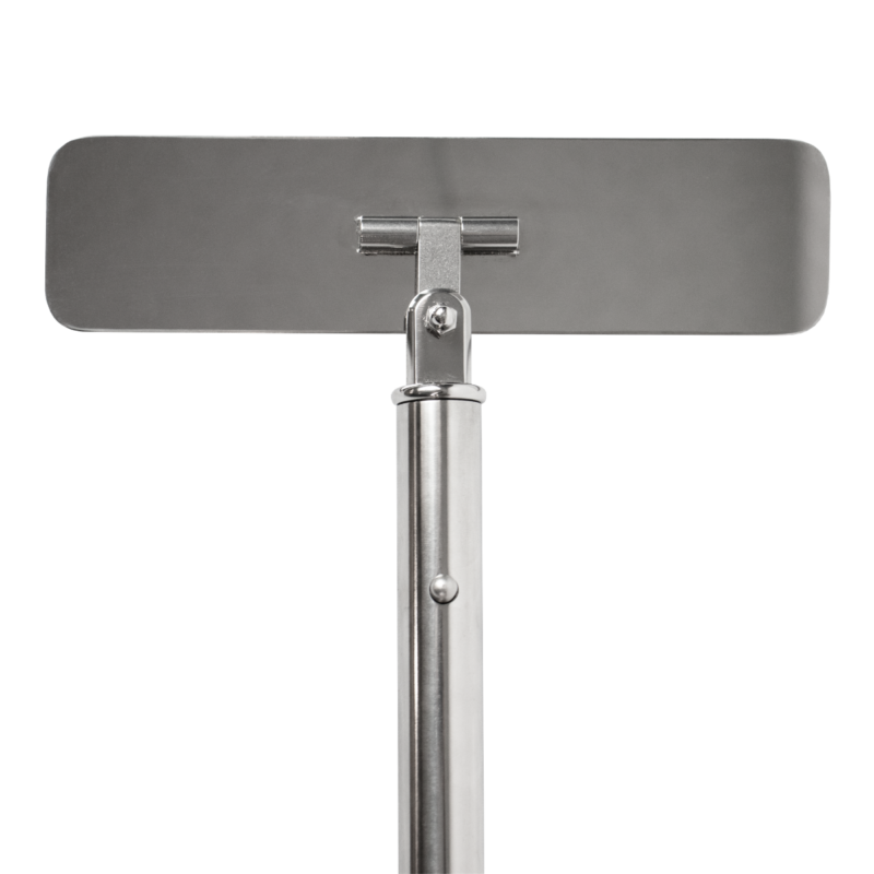 Close-up of a flat, rectangular squeegee head mounted on a metal pole, ready for window cleaning, against a black background