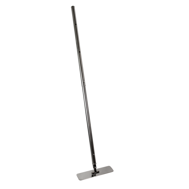 Flat mop with a long chrome handle and a rectangular flat head for floor cleaning