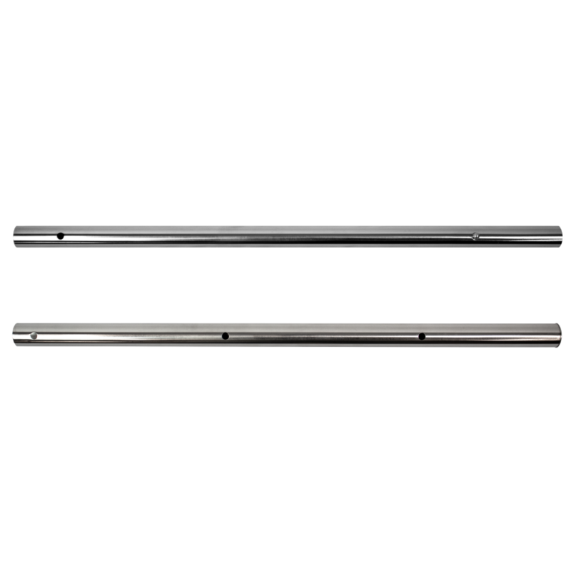 Two parallel stainless steel rods with evenly spaced holes, set against a black background (mechanical tubing components).