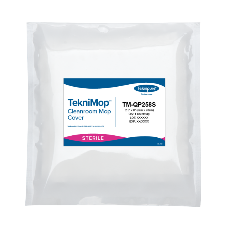 TekniMop cleanroom mop cover in sterile packaging, with blue and pink label reading 'STERILE' and product code TM-QP258S (2.5" x 8").