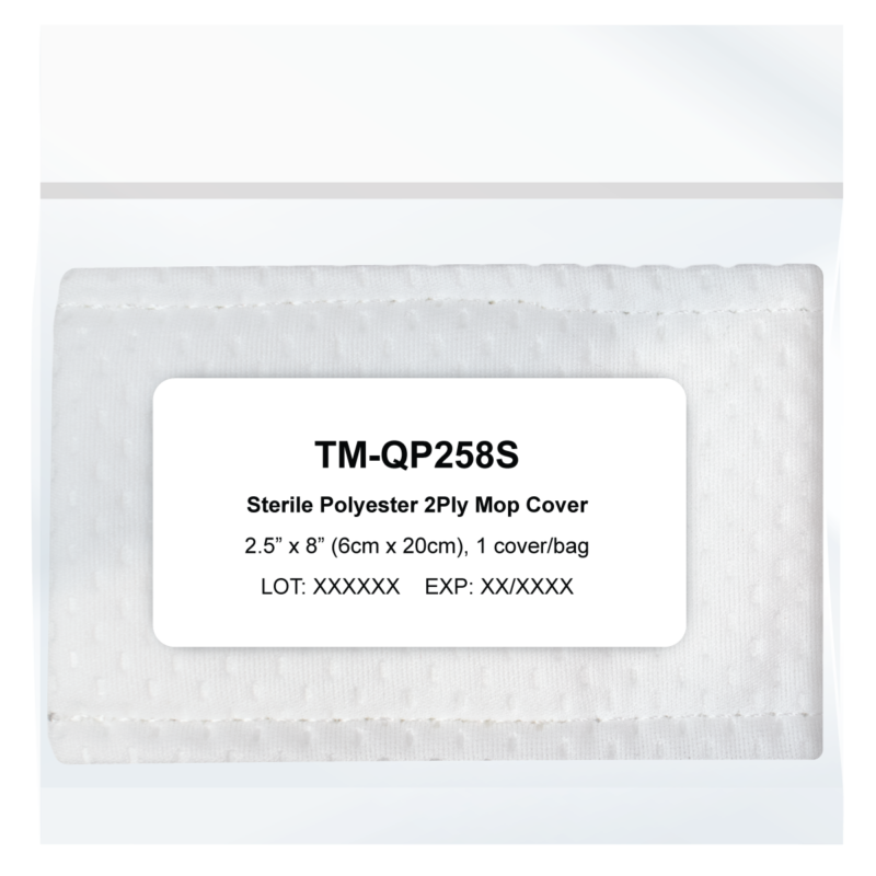 Label on a sterile polyester 2-ply mop cover package: TM-QP258S, size 2.5 x 8 inches, with LOT and EXP fields.
