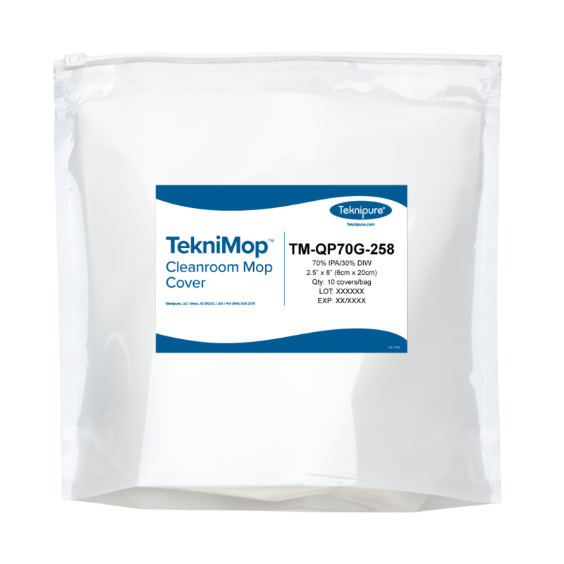 Package of TekniMop Cleanroom Mop Cover (TM-QP70G-258) on a white bag with blue-and-white label showing product details.